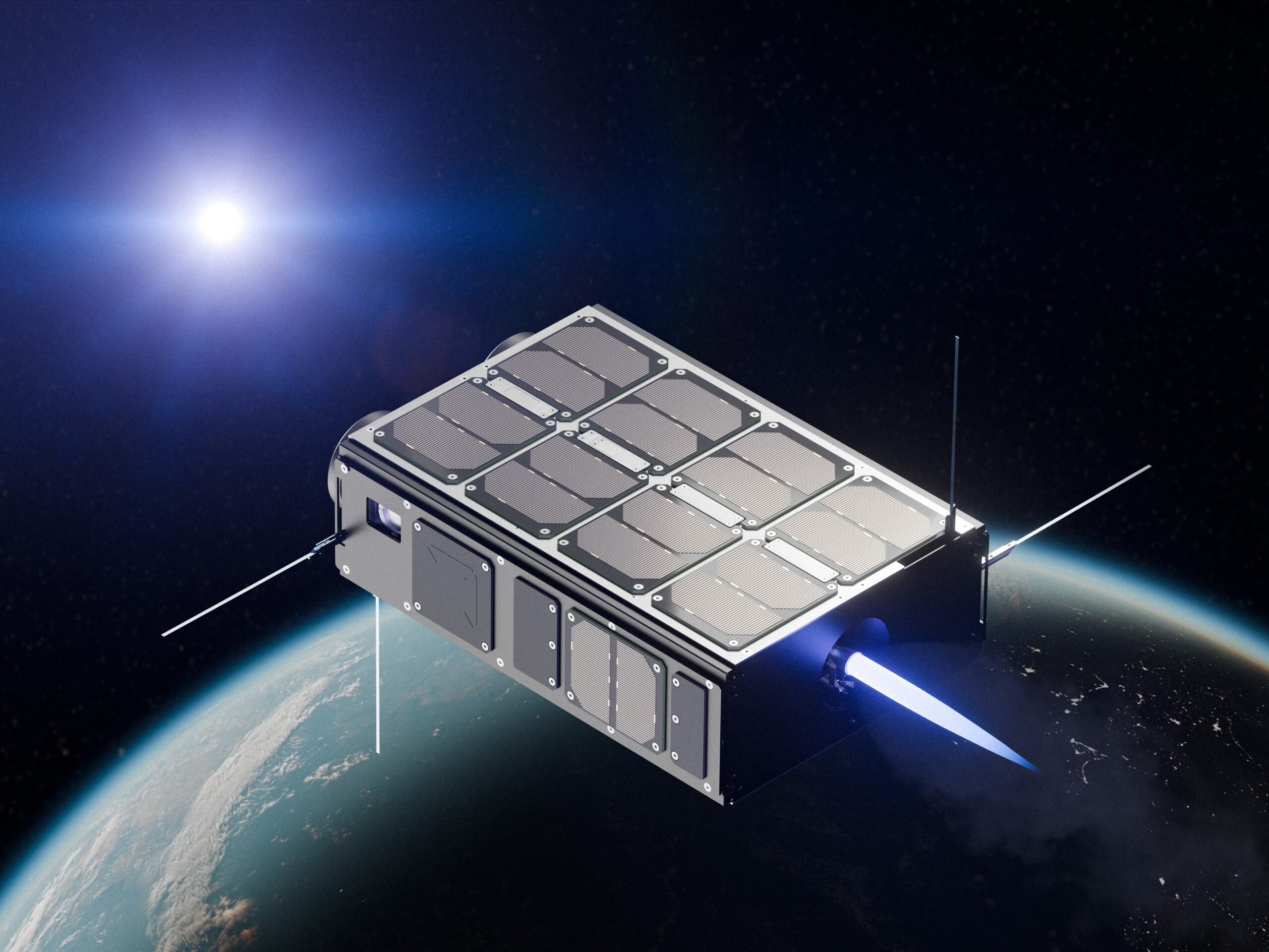 A digital visualization of the RED5 satellite in SSO orbit, featuring Liftero’s chemical propulsion system. The satellite with solar panels on its surface is depicted firing its thruster, emitting a bright exhaust. The background shows space with a distant sun and the curvature of Earth. Credit: Liftero.